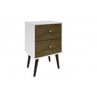 Manhattan Comfort 204AMC69 Liberty Mid Century - Modern Nightstand 2.0 with 2 Full Extension Drawers in White and Rustic Brown with Solid Wood Legs